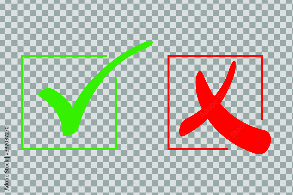 勾选标记图标集。绿色勾选和红色十字扁平simbol。勾选ok，YES或no，X标记表示投票，de