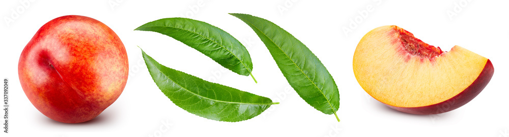 Peach fruit with leaf isolated on white background. Collection peach clipping path. Full depth of fi