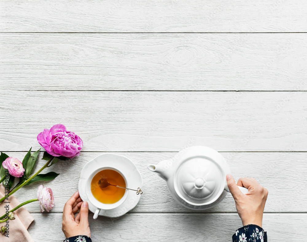 Aerial view of hot tea drink break and relaxation concept with copy space