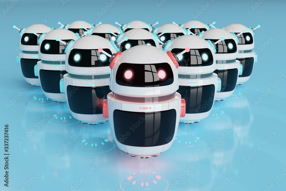 Red chatbot robot leading white robots on blue background 3D rendering