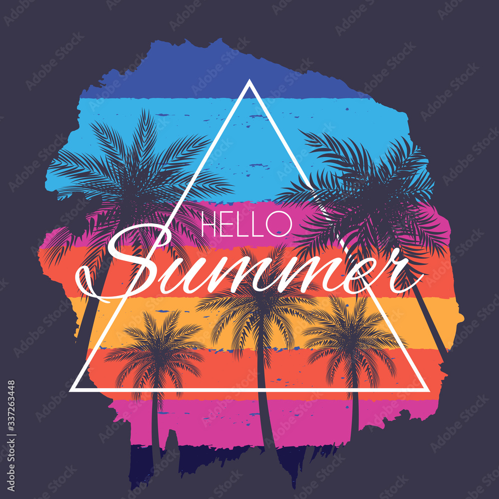 Beautifil Palm Tree Leaf  Silhouette Hello Summer Background Vector Illustration