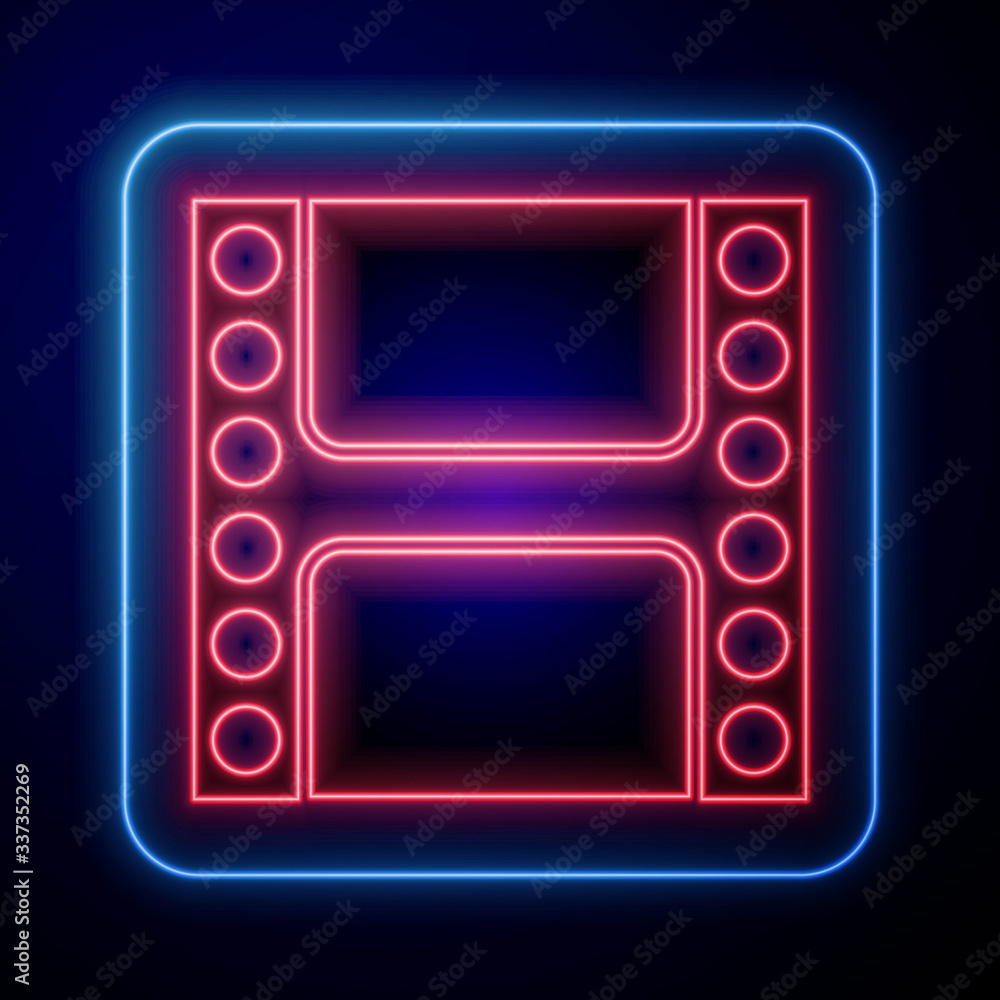 Glowing neon Play Video icon isolated on blue background. Film strip sign. Vector Illustration