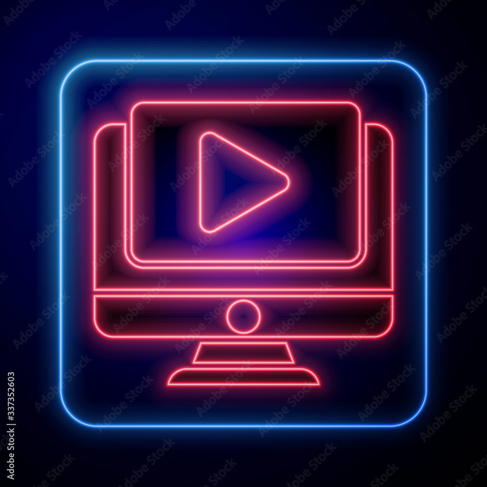 Glowing neon Online play video icon isolated on blue background. Computer monitor and film strip wit