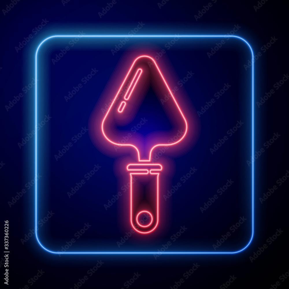 Glowing neon Trowel icon isolated on blue background. Vector Illustration