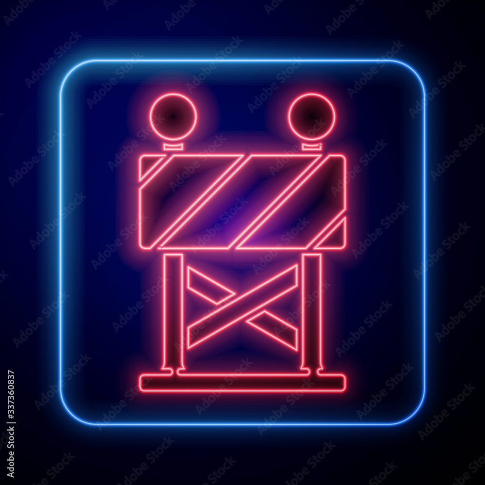 Glowing neon Road barrier icon isolated on blue background. Symbol of restricted area which are in u