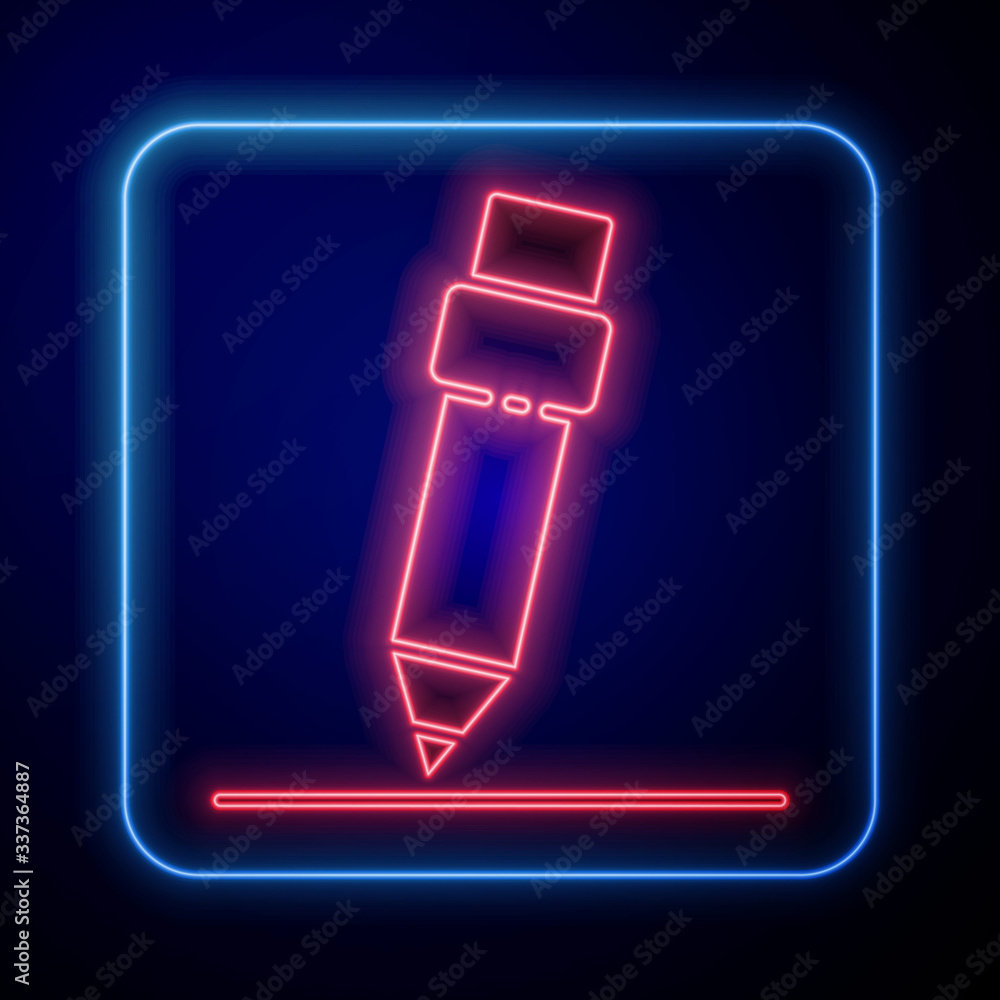 Glowing neon Pencil with eraser icon isolated on blue background. Drawing and educational tools. Sch