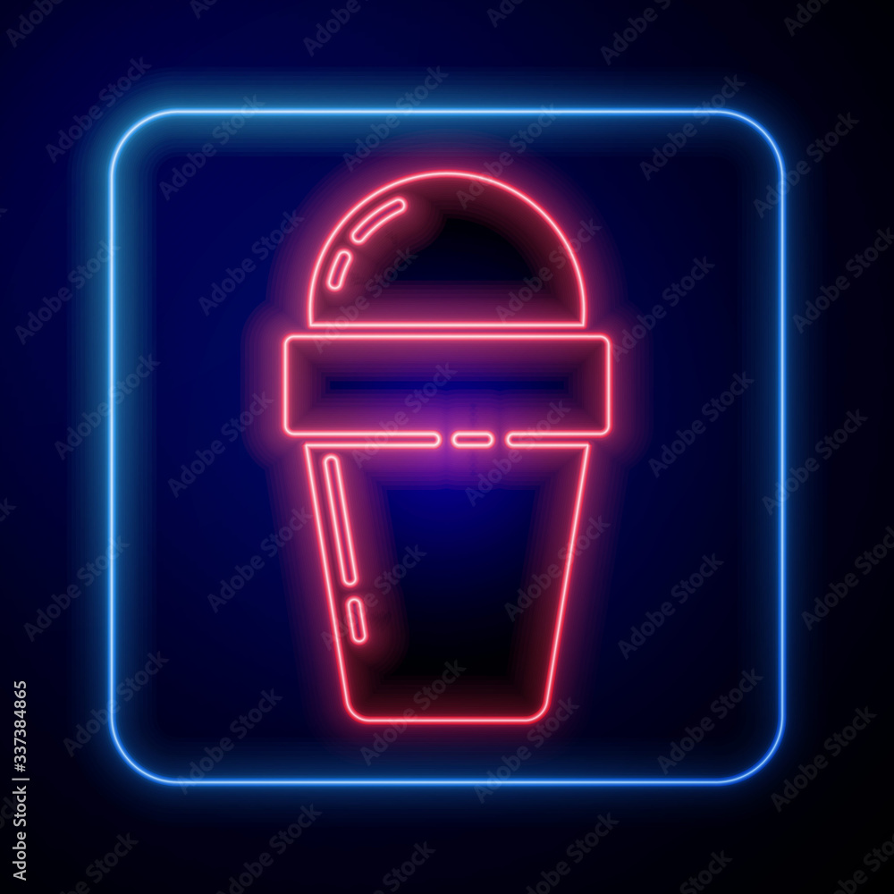 Glowing neon Ice cream in waffle cone icon isolated on blue background. Sweet symbol. Vector Illustr