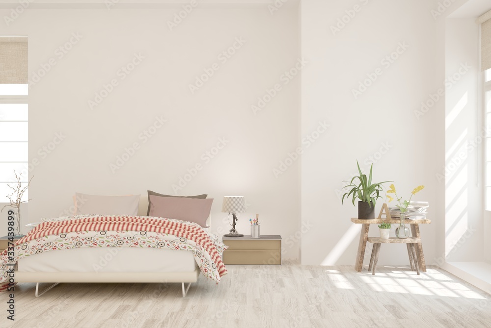 White bedroom interior. Scandinavian design. 3D illustration