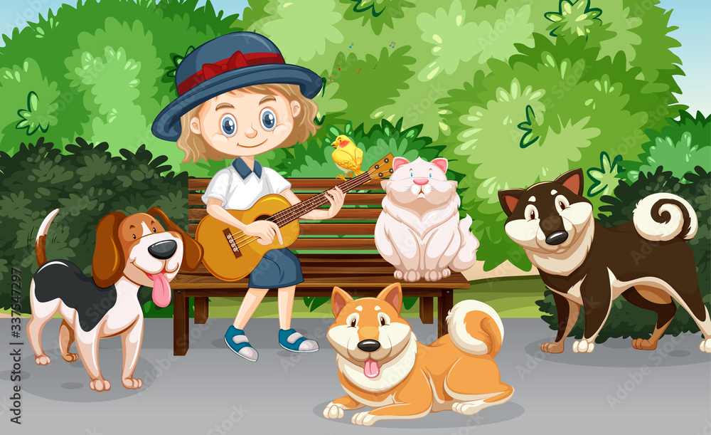 Scene with cute girl playing guitar and many pets in the park