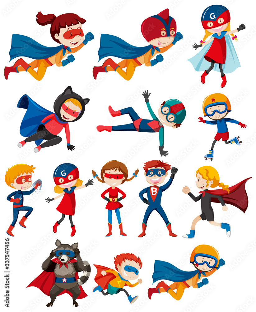 Set of children in hero costume on white background