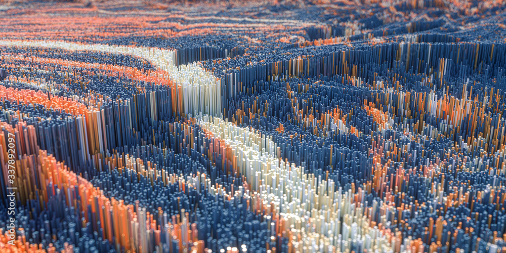 High density pixel cubes landscape, 3d rendering.