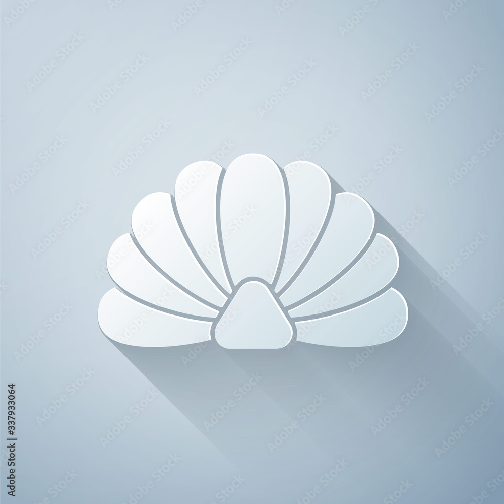 Paper cut Scallop sea shell icon isolated on grey background. Seashell sign.Paper art style. Vector 