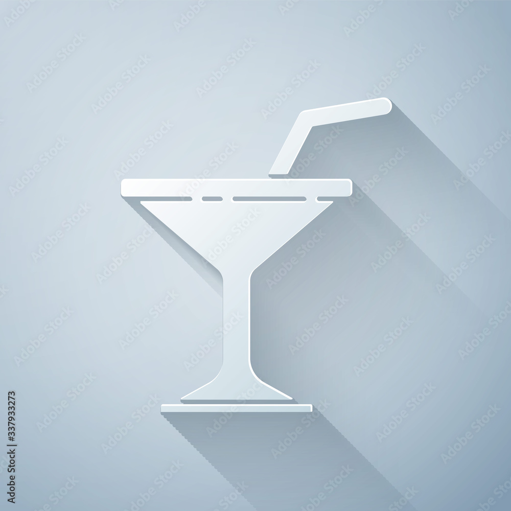 Paper cut Martini glass icon isolated on grey background. Cocktail icon. Wine glass icon. Paper art 