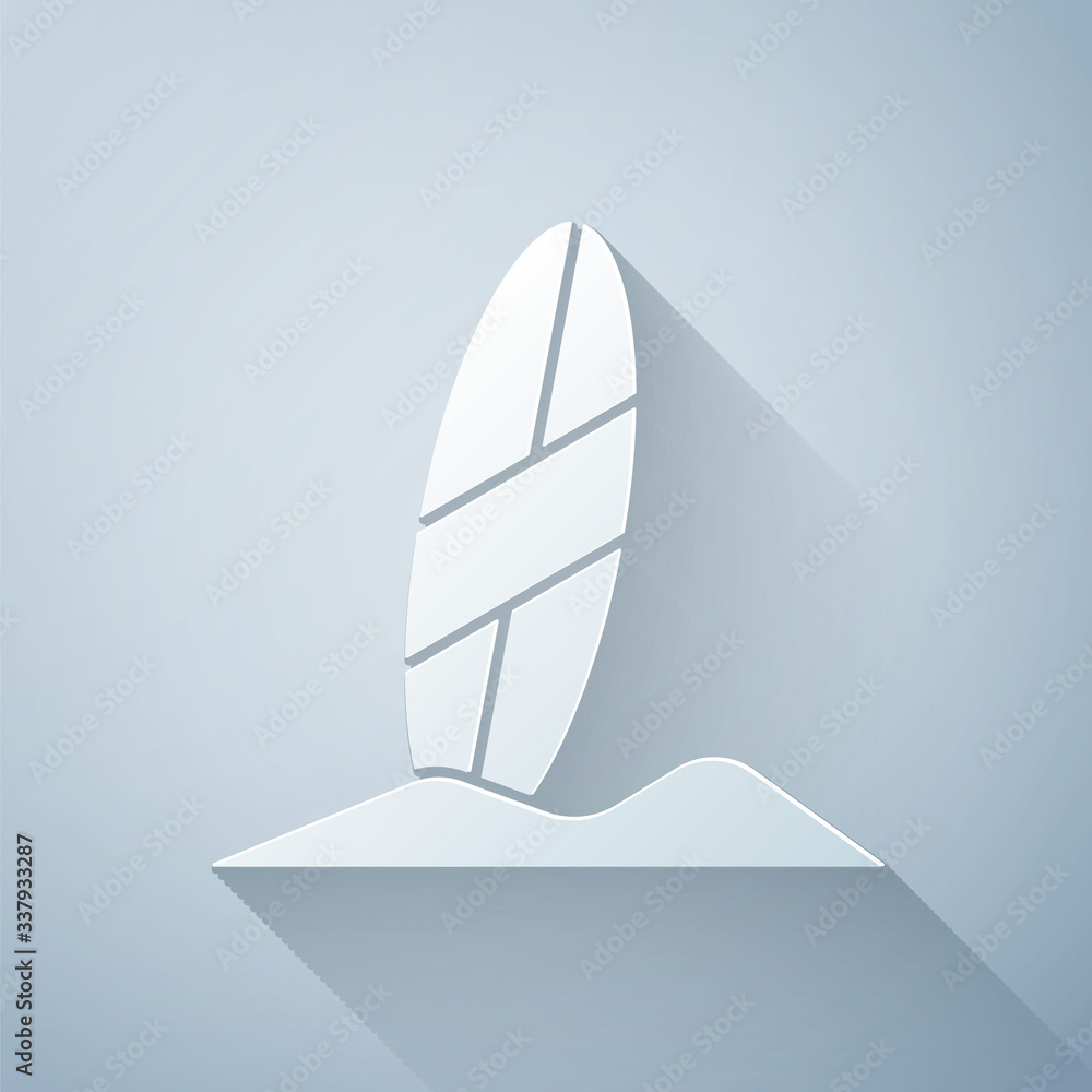 Paper cut Surfboard icon isolated on grey background. Surfing board. Extreme sport. Sport equipment.