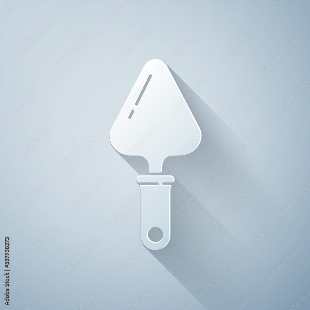 Paper cut Trowel icon isolated on grey background. Paper art style. Vector Illustration