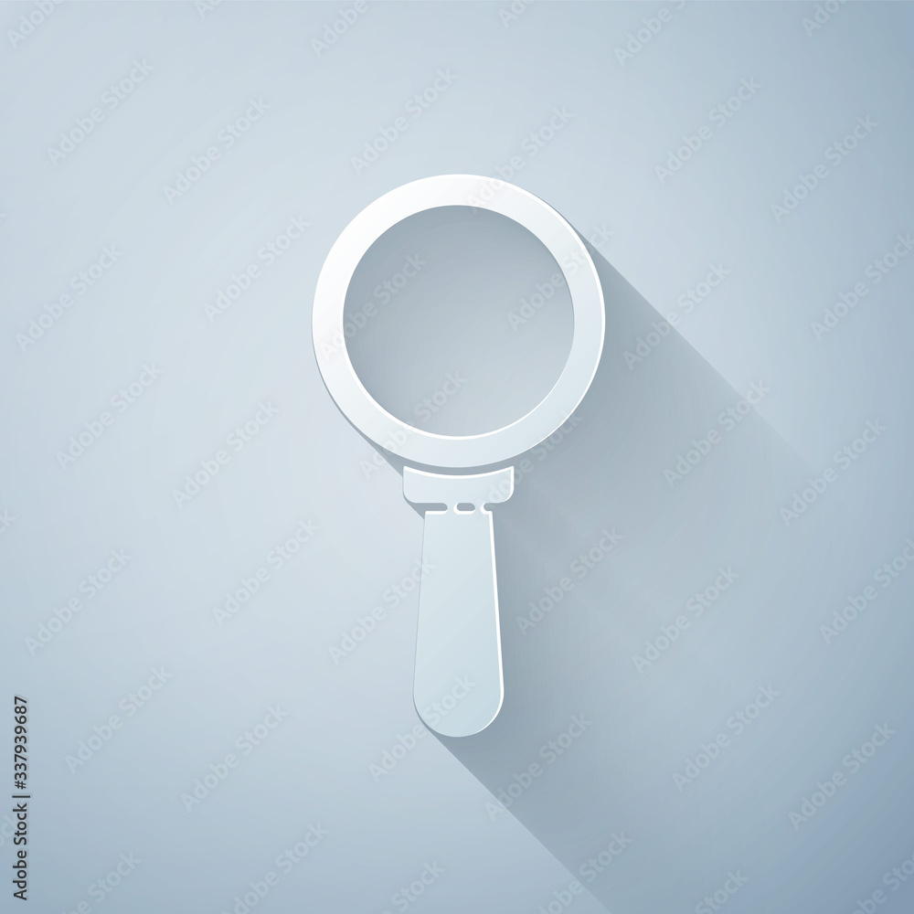 Paper cut Magnifying glass icon isolated on grey background. Search, focus, zoom, business symbol. P