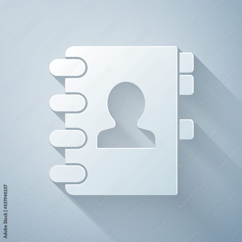 Paper cut Address book icon isolated on grey background. Notebook, address, contact, directory, phon