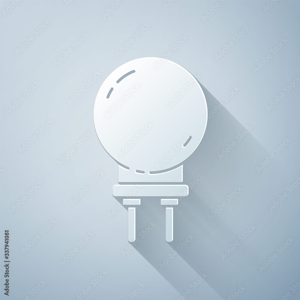 Paper cut Light emitting diode icon isolated on grey background. Semiconductor diode electrical comp