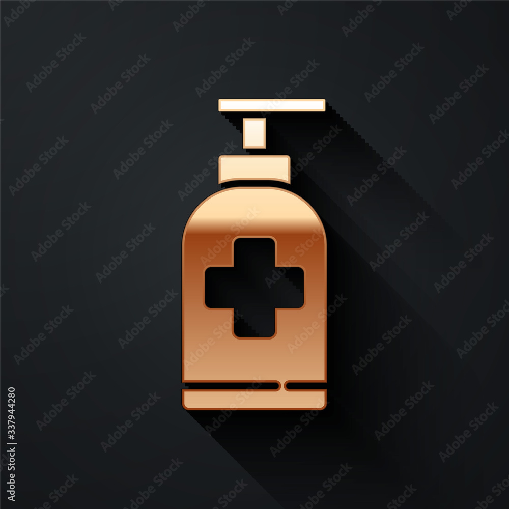 Gold Bottle of liquid antibacterial soap with dispenser icon isolated on black background. Antisepti