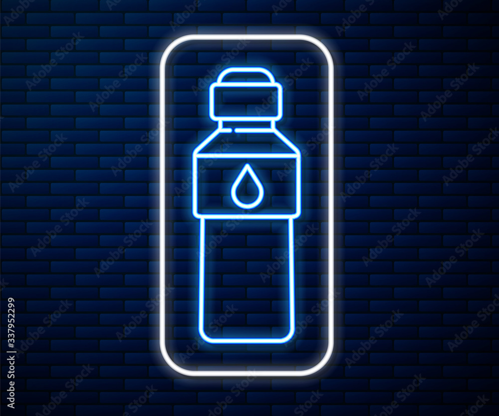 Glowing neon line Bottle of water icon isolated on brick wall background. Soda aqua drink sign. Vect