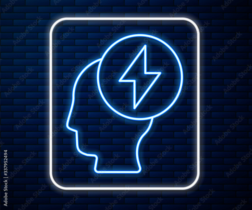 Glowing neon line Human head and electric symbol icon isolated on brick wall background. Vector Illu