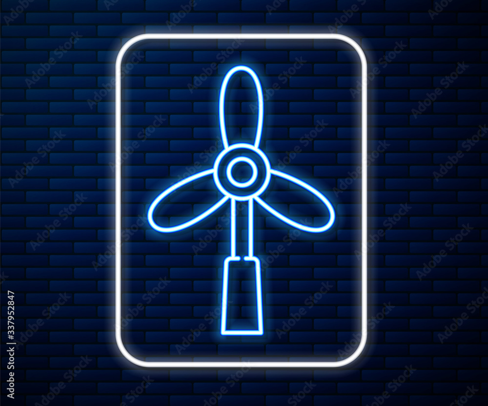 Glowing neon line Wind turbine icon isolated on brick wall background. Wind generator sign. Windmill