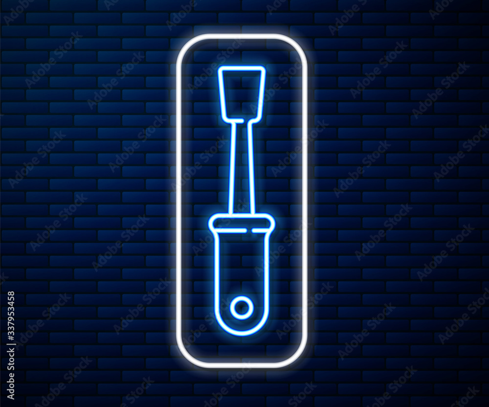 Glowing neon line Screwdriver icon isolated on brick wall background. Service tool symbol. Vector Il