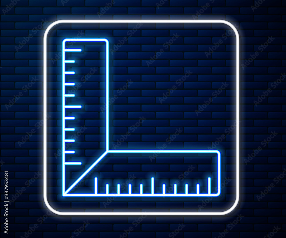 Glowing neon line Corner ruler icon isolated on brick wall background. Setsquare, angle ruler, carpe