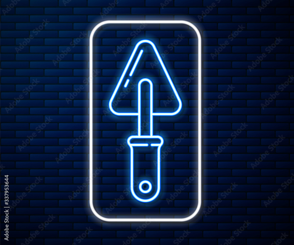 Glowing neon line Trowel icon isolated on brick wall background. Vector Illustration