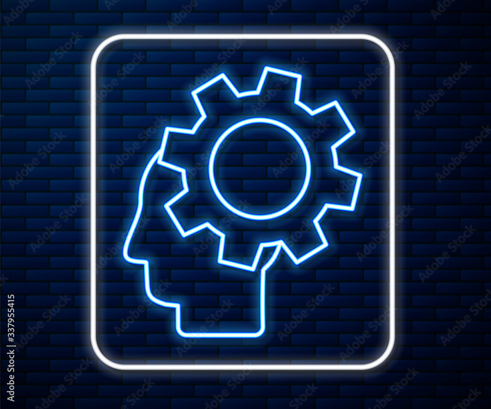 Glowing neon line Human head with gear inside icon isolated on brick wall background. Artificial int