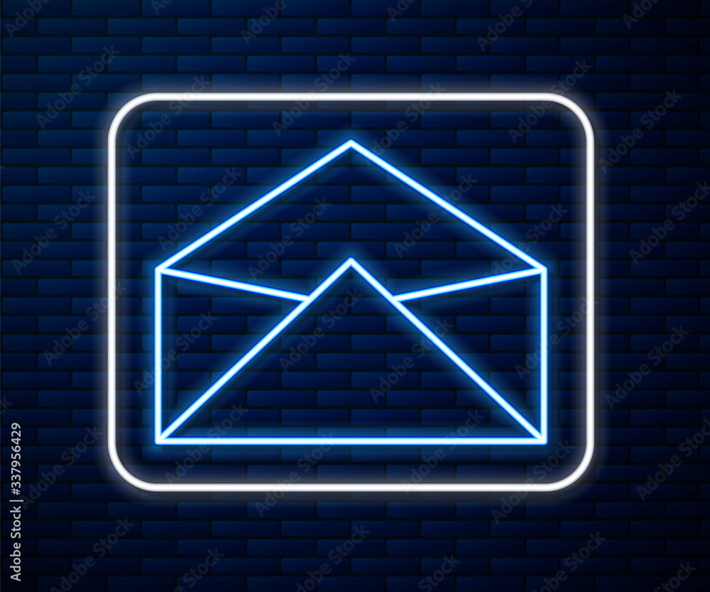 Glowing neon line Envelope icon isolated on brick wall background. Email message letter symbol. Vect