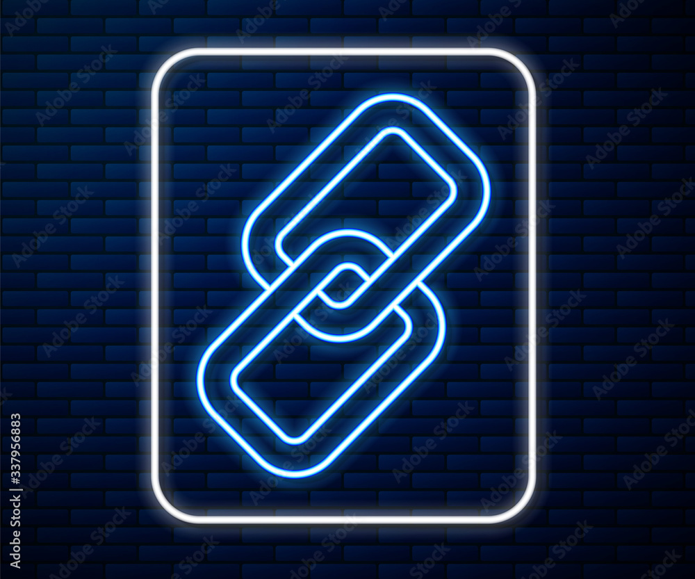 Glowing neon line Chain link icon isolated on brick wall background. Link single. Vector Illustratio