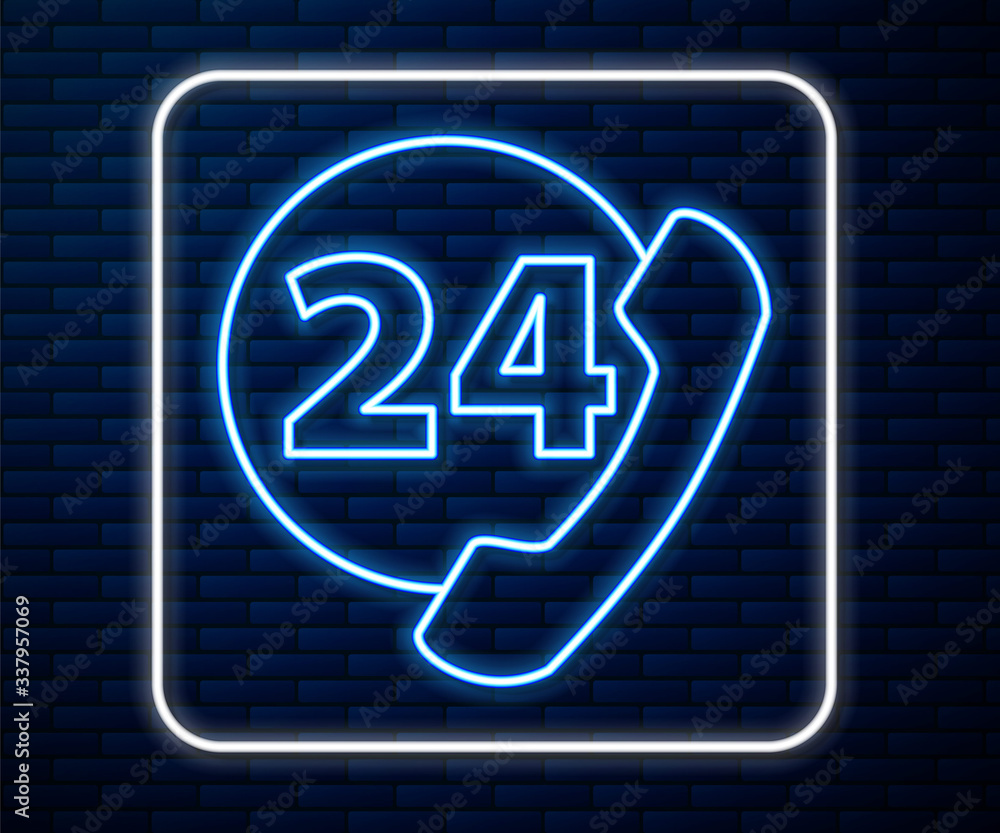 Glowing neon line Telephone 24 hours support icon isolated on brick wall background. All-day custome