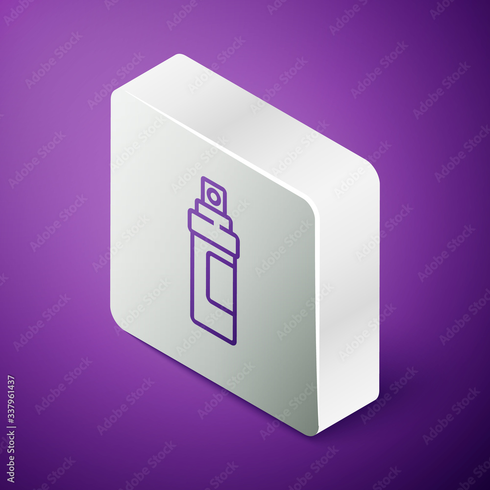 Isometric line Perfume icon isolated on purple background. Silver square button. Vector Illustration