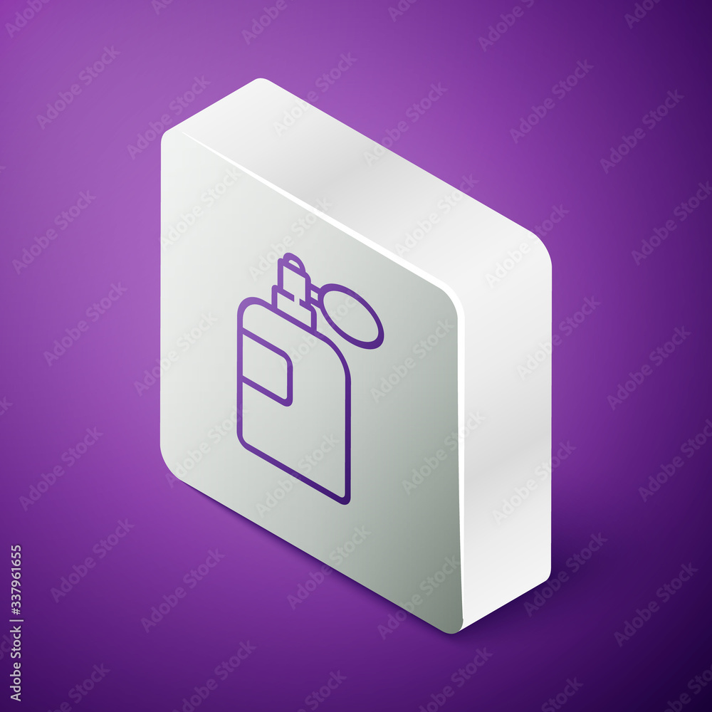 Isometric line Perfume icon isolated on purple background. Silver square button. Vector Illustration