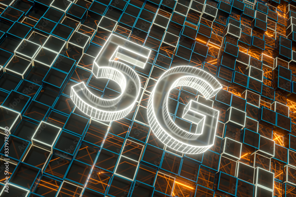 字体5G，科幻方形背景，3d渲染。