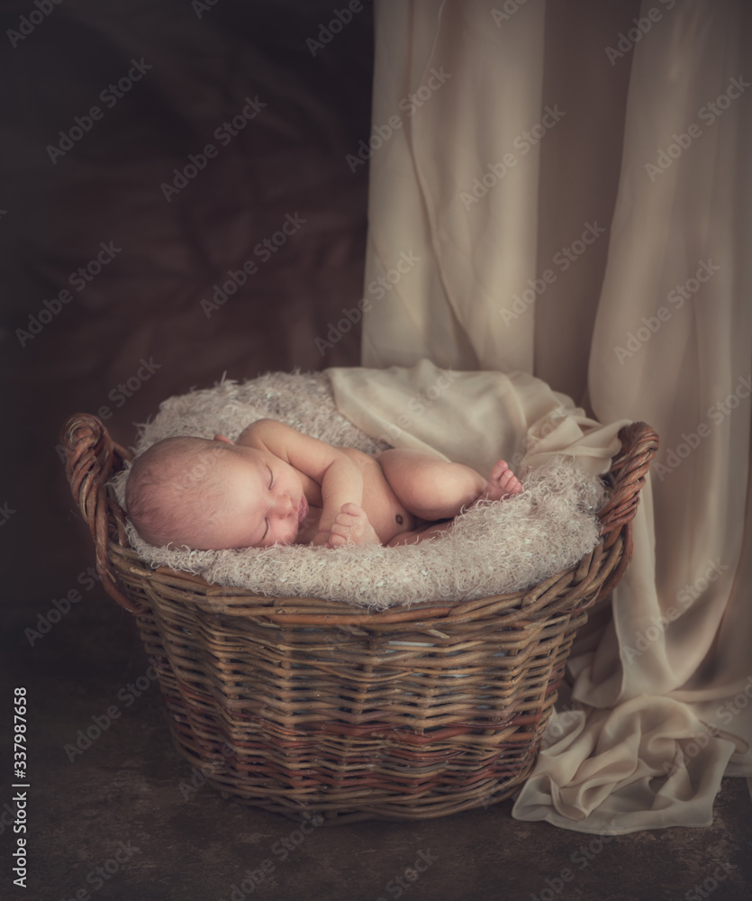 Beautiful Newborn infant baby studio portrait sleeping in a basket over brown background, studio sho