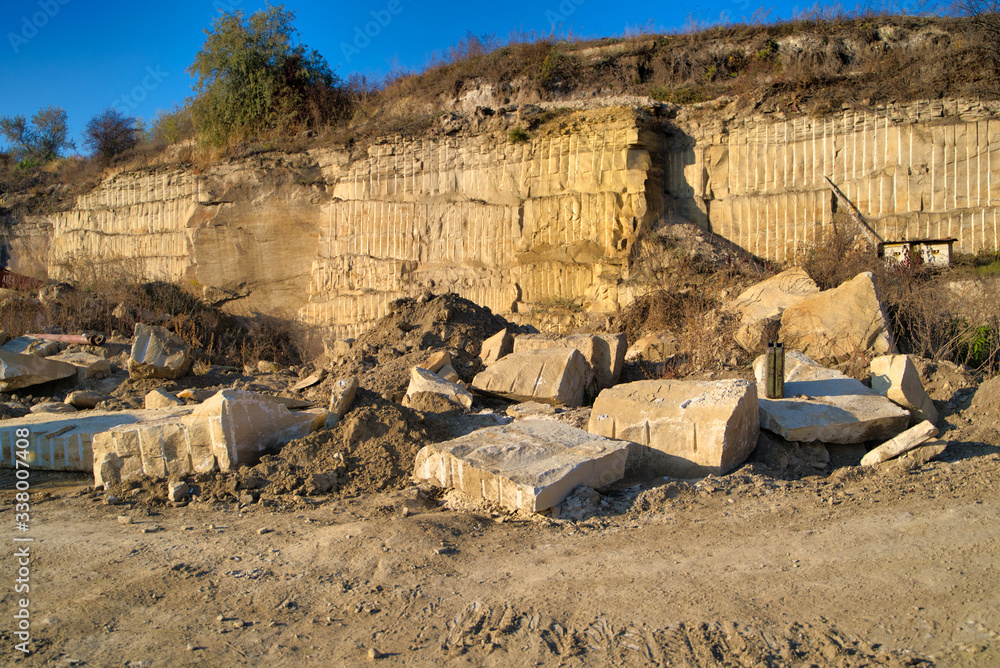 Rocks in a quarry mine. Construction material production.