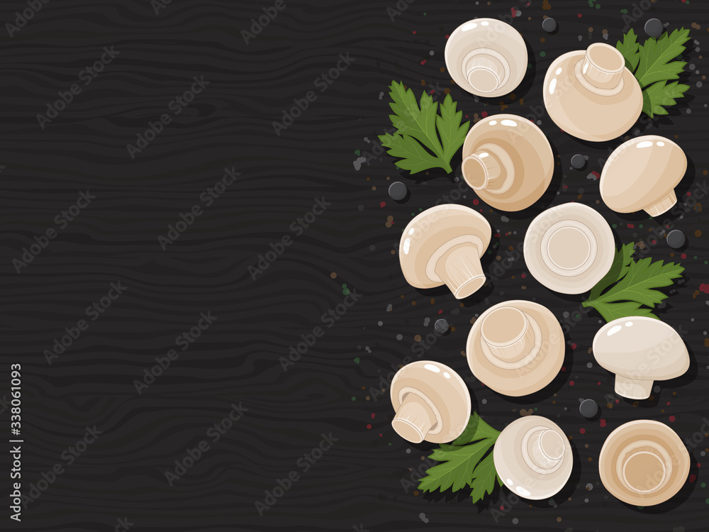 Mushrooms on wood black background. Horizontal flyer. Object for packaging, advertisements, menu. Ve