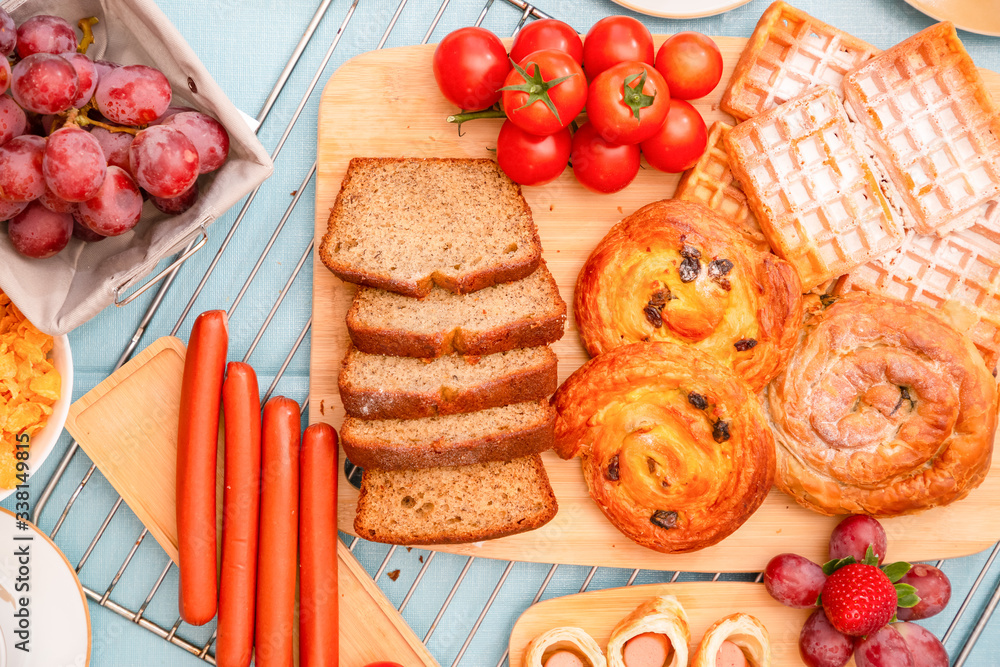 Breakfast Served in the morning with cereal bread, raisin bread, banana bread, sausage bread, chicke