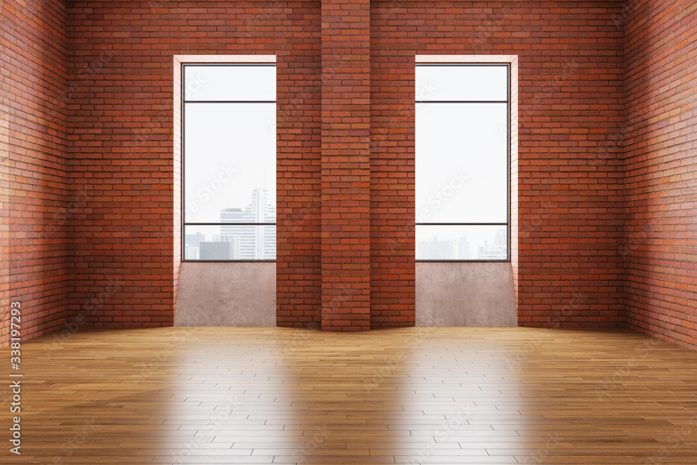 Modern gallery interior with red brick wall, two windows and city view