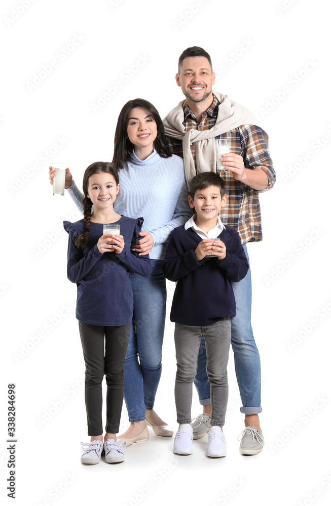 Family drinking milk on white background