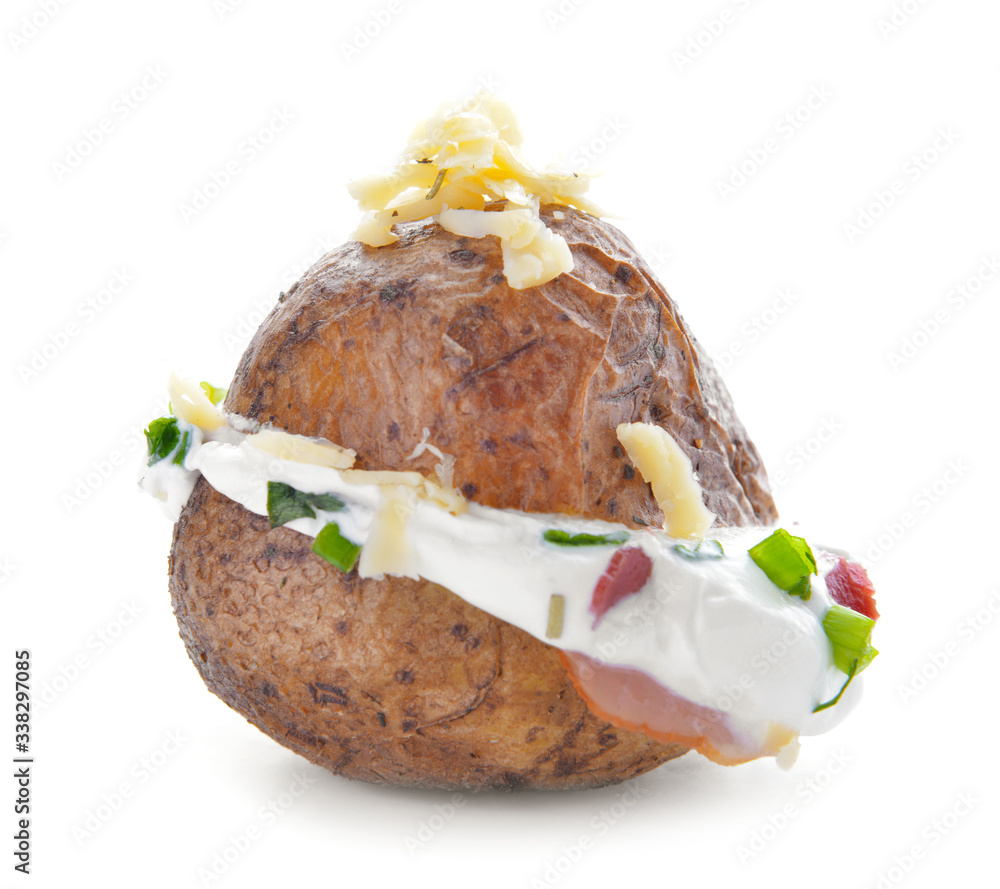 Tasty baked potato with sour cream on white background