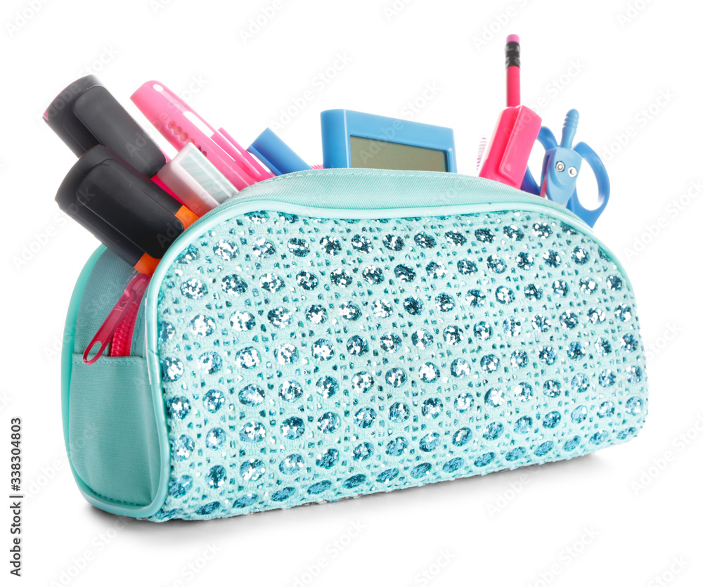 Pencil bag with stationery on white background