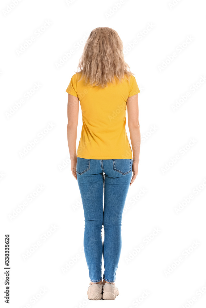 Woman in stylish t-shirt on white background