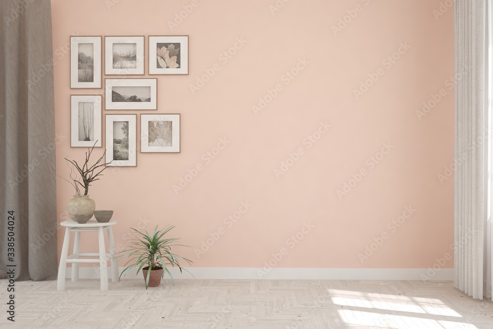 Pink empty room. Scandinavian interior design. 3D illustration