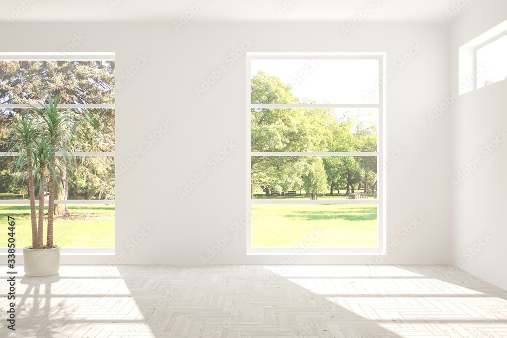 Stylish empty room in white color with summer landscape in window. Scandinavian interior design. 3D 