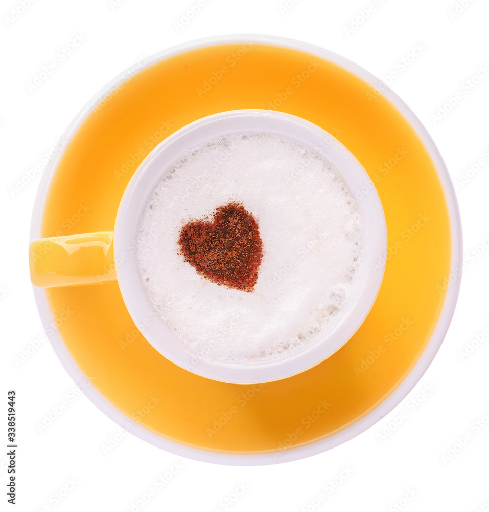 Cup of tasty cappuccino on white background