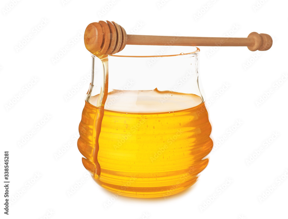 Jar of sweet honey on white background