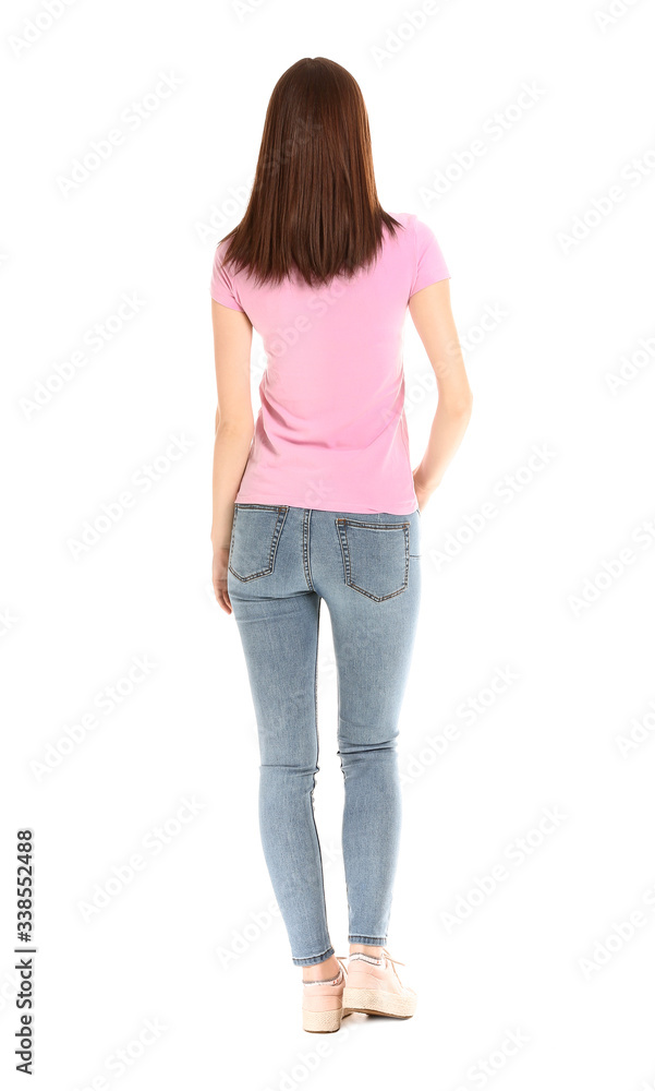 Woman in stylish t-shirt on white background